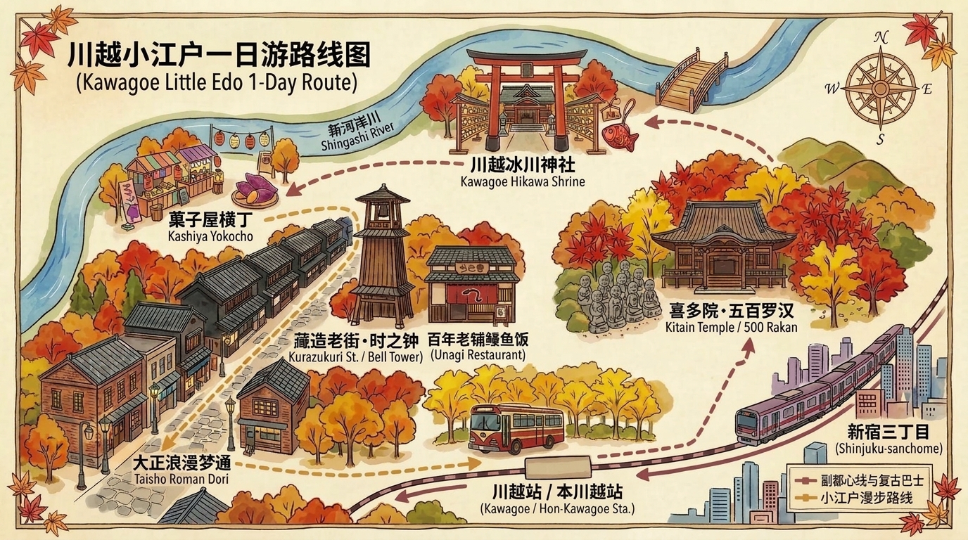 川越小江户一日游手绘路线图