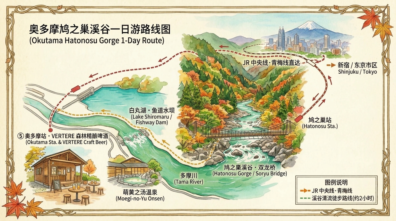 奥多摩鸠之巢溪谷一日游手绘路线图