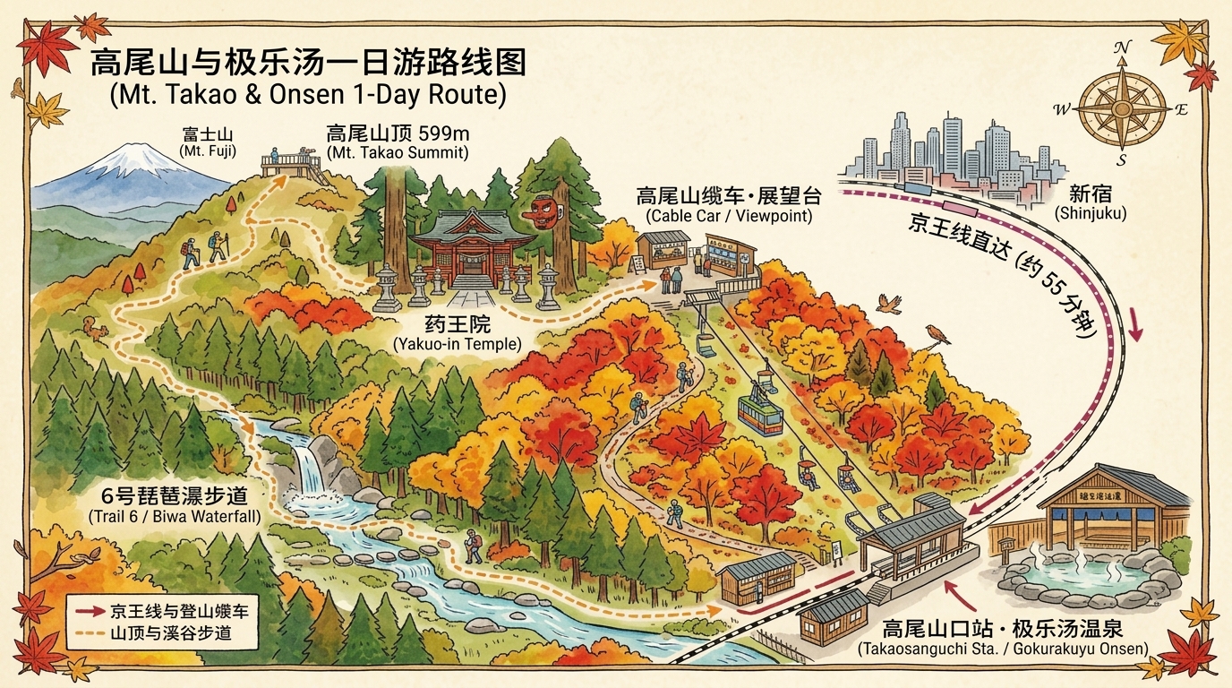 高尾山与极乐汤一日游手绘路线图