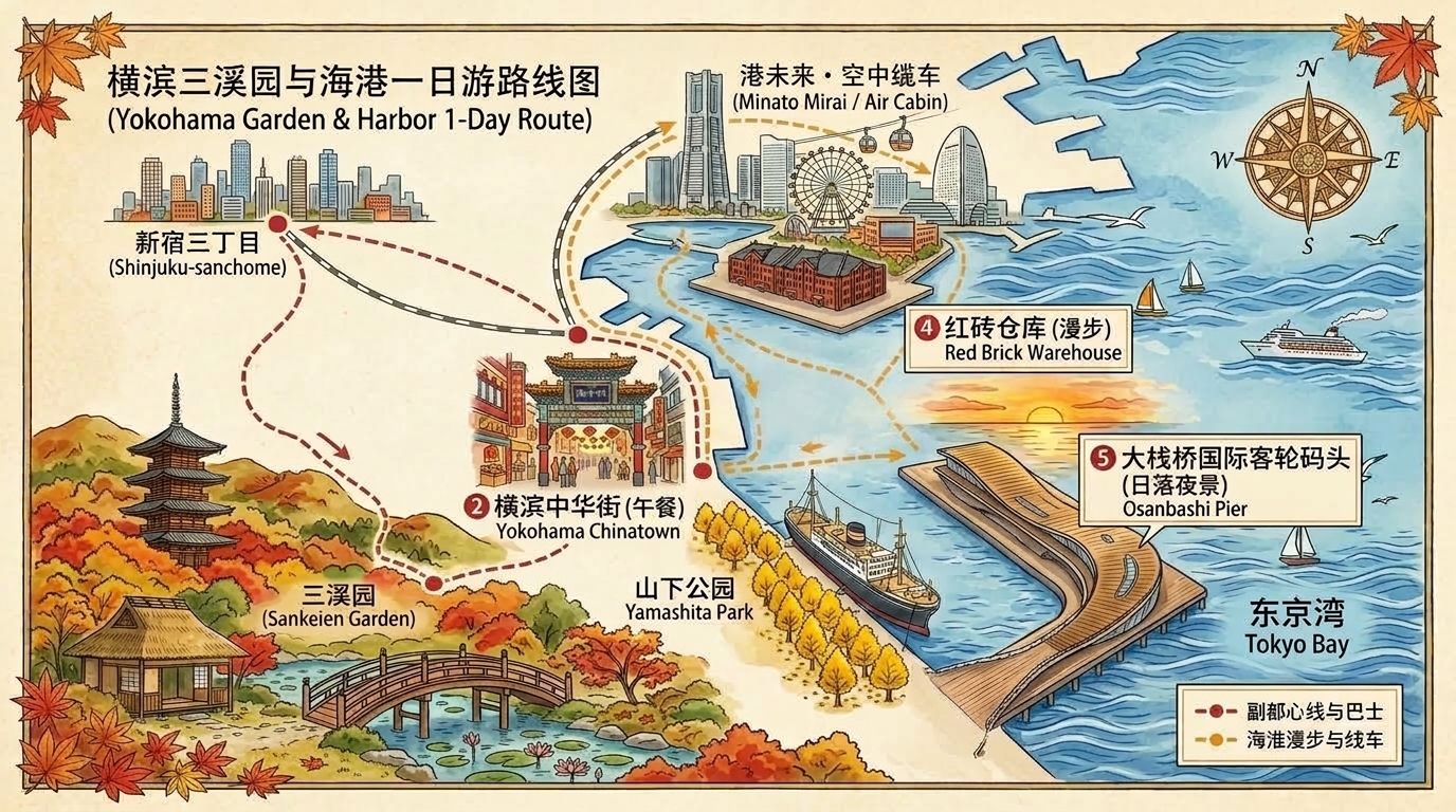 横滨三溪园与海港一日游手绘路线图