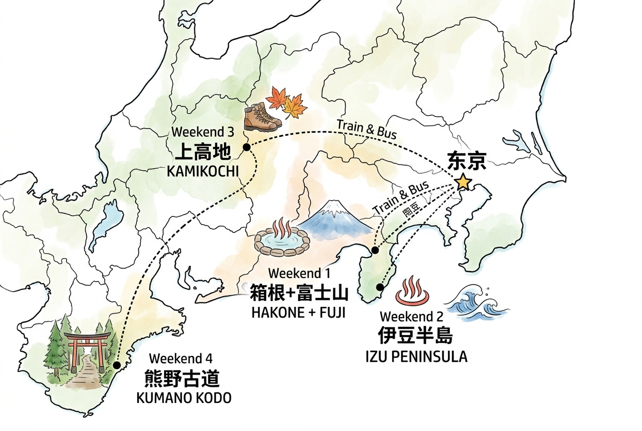 周末出行地图 — 四个周末目的地总览（箱根·伊豆·上高地·熊野古道）