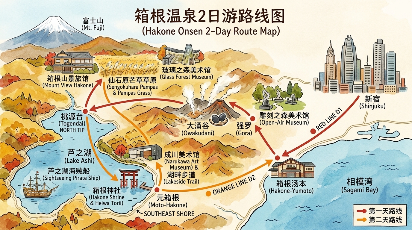周末1路线图：箱根温泉两日游