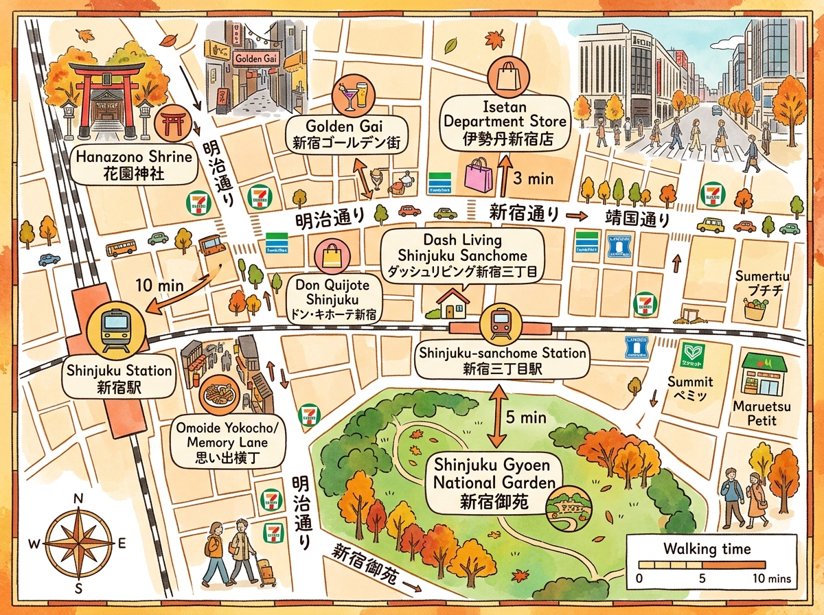 新宿三丁目周边地图 — 餐馆、超市、购物