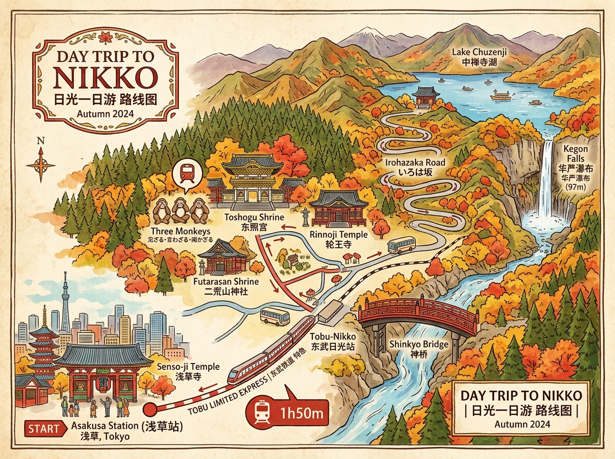 日光一日游路线图（备选行程 — 可在工作周请半天假前往）