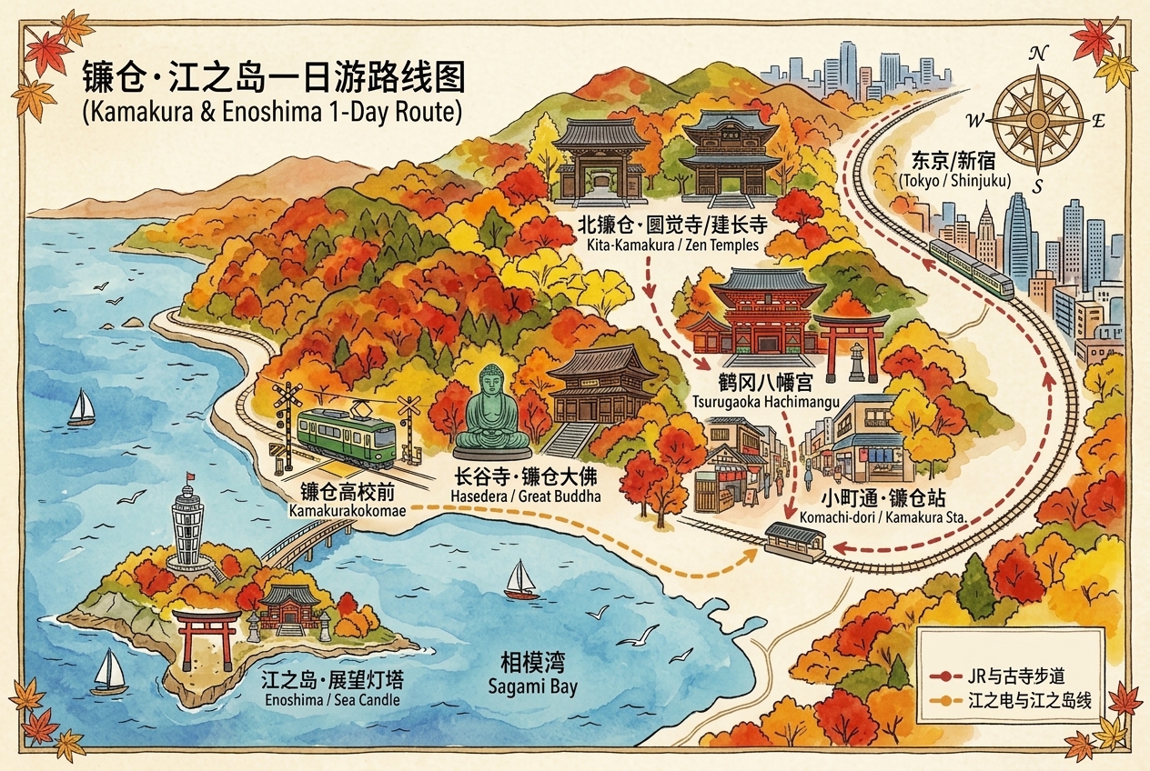 镰仓·江之岛一日游手绘路线图